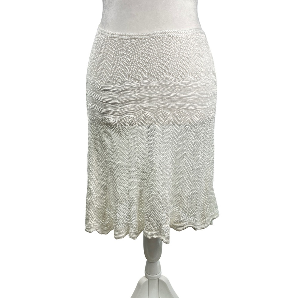 White Crochet Knit Pointelle Midi Skirt Boho Scalloped‎ Hem Flared White Coverup